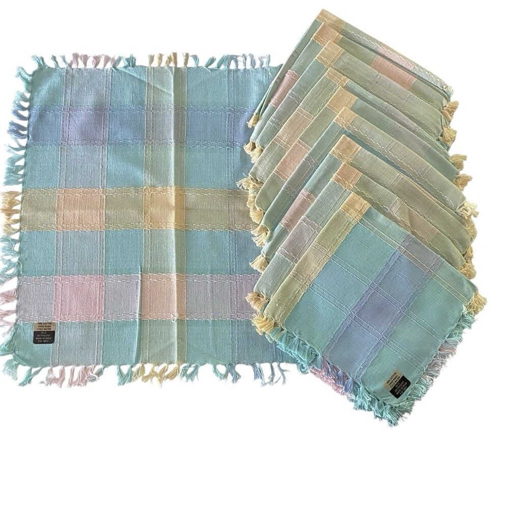 Lot of 10 Cloth Napkins Pastel Plaid Fringe 15.75" x  14.25" Cotton Dining